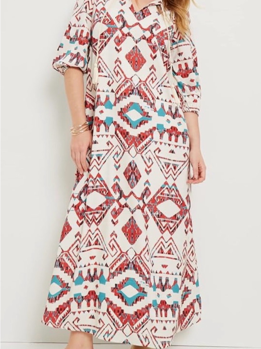 JUNE + VIE Boho Geo Print Maxi Dress in White, Red & Turquoise